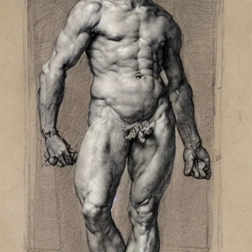 Prompt: Red chalk drawing study of a man, musculature, by Michelangelo, Rubens, 17th-century, old paper, spontaneous linework, academic pose, highly masterful, detailed