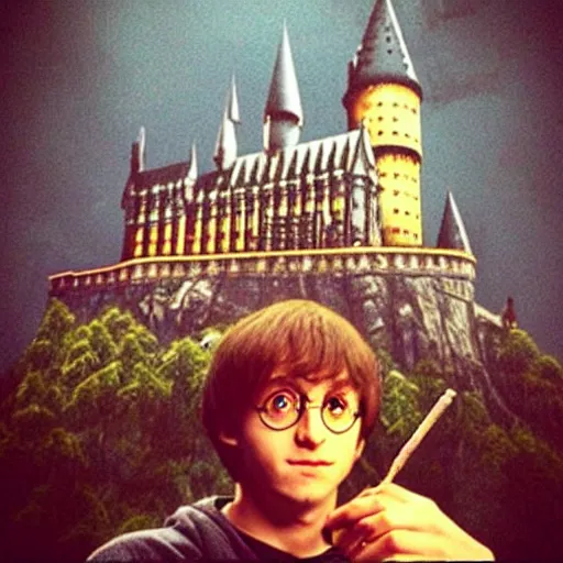 Image similar to “Harry Potter smoking a blunt of marijuana on top of Hogwarts castle”