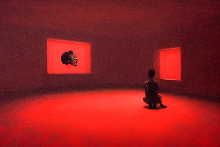 Image similar to only with red, netflix studios with workers, a big mickey mouse head in the middle of the room, in the style of beksinski, parts by edward hopper, parts by rodcenko, parts by yue minjun, intricate and epic composition, red by caravaggio, insanely quality, highly detailed, masterpiece, red light, artstation, 4 k