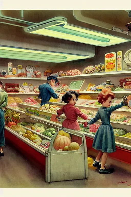 Prompt: ( ( ( ( ( 1 9 5 0 s retro future android grocery store interior. muted colors. childrens layout, ) ) ) ) ) by jean - baptiste monge,!!!!!!!!!!!!!!!!!!!!!!!!!