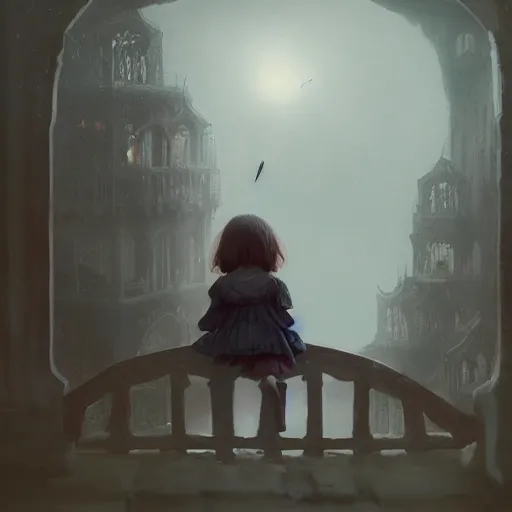 Prompt: a cute little girl waiting on the bridge of heaven and watching the hell, magical world, by greg rutkowski, sung choi, photo realistic, 8 k, cinematic lighting, hd, atmospheric, hyperdetailed, trending on artstation, devainart, digital painting, glow effect