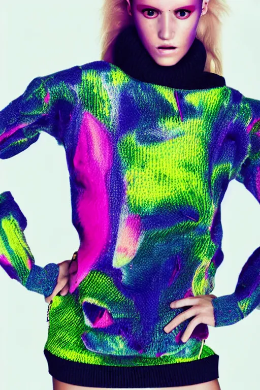 Prompt: stylish pullover for a rave bright colors, many details, photo for a magazine, photo for a store, fashion photography, Vogue, cinematic, hyper realism, high detail, 8k, very coherent symmetrical work, perfect face model, full length photo, Upper and lower body, white eyes, photographer style by Nik Night Erik Madigan Hec and Walter Chin and Camilla Akrans and Miles Aldridge