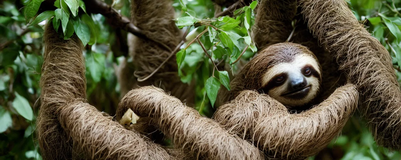 Image similar to a sloth eating spaghetti off a tree, in the style of national geographic, canon 5 0 mm, kodachrome, retro