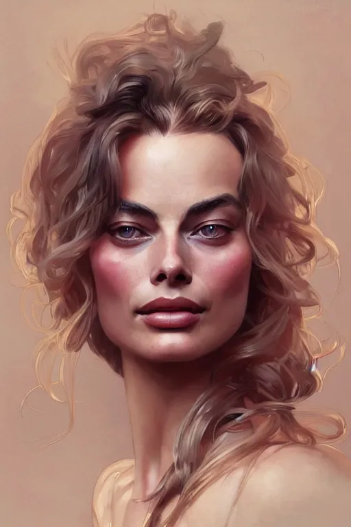 Image similar to A full portrait of Margot Robbie, intricate, elegant, highly detailed, digital painting, artstation, concept art, smooth, sharp focus, illustration, art by Krenz Cushart and Artem Demura and alphonse mucha