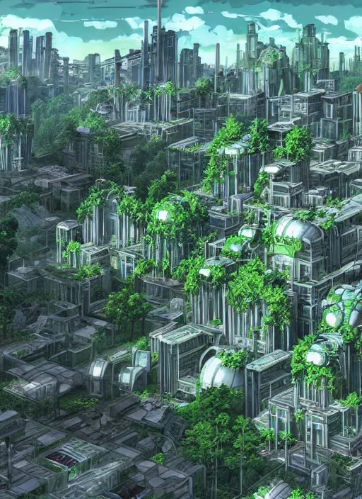 Image similar to solarpunk futuristic city which has been abandoned and overgrown by a forest, hyperdetailed, maximalist composition, by studio ghibli and my hero academia, cel shaded, ambient occlusion