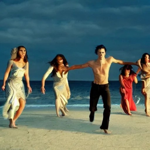 Prompt: Still from Vampires Dancing On The Beach Movie, well lit, high budget, terrible movie