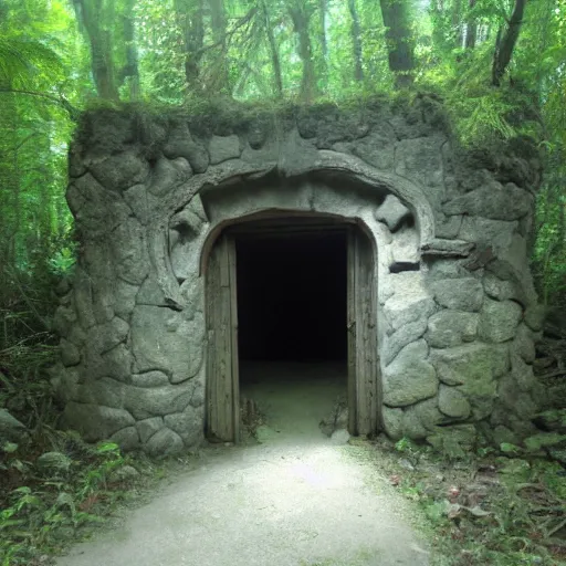 Image similar to the entrance of an old dungeon in the depths of the forest