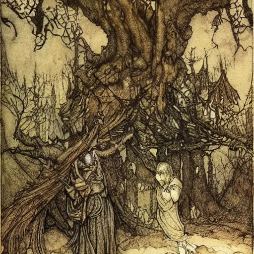 Image similar to once upon a midnight dreary, while i pondered, weak and weary, over many a quaint and curious volume of forgotten lore, by arthur rackham, highly detailed, 8 k,