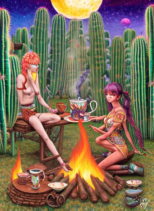 Prompt: richly detailed colored pencil 3 d illustration spartan drinking tea at campfire with trichocereus background and smoke haze full moon ayahuasca peyote art by range murata and artgerm