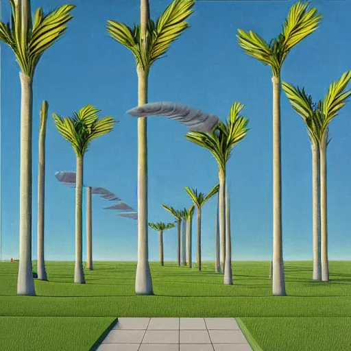 Prompt: vaporwave palm trees, Gertrude Abercrombie, highly detailed, masterpiece, trending on ArtStation, ultra realistic