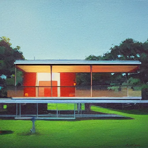 Prompt: farnsworth house painting by atey ghailan,, blue light, character looking back, cinematic, masterpiece