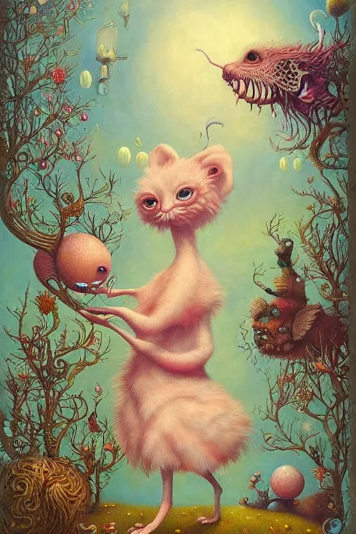 Image similar to a surreal, cute, creature in a happy world by Daniel Merriam, Trending on Artstation, oil on Canvas