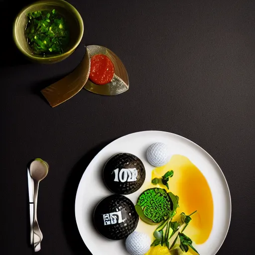 Image similar to a michelin star plate with golf balls and sauce, award winning food photography, ambient light