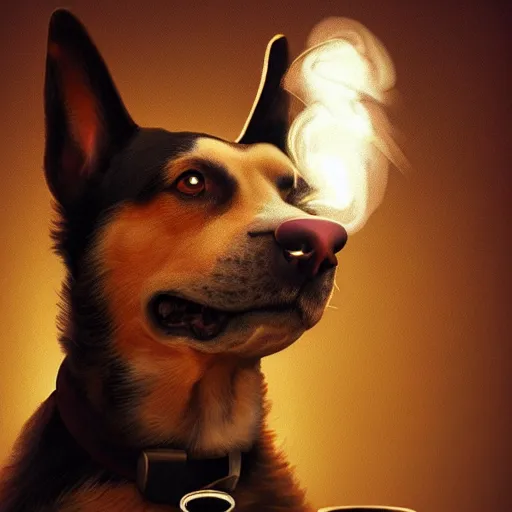 Image similar to a dog wearing smoking a cigar, dramatic lighting, cinematic, establishing shot, extremly high detail, photorealistic, cinematic lighting, concept art, artstation, style by greg rutkowsky