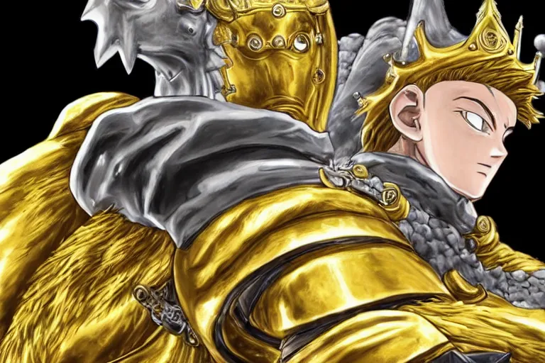 Image similar to an ultra detailed portrait of king richard the lionhearted as a shonen anime protagonist charing into battle wearing bright gold armor and riding a horse bless by god, 8 k, volumetric lighting, art by kentaro miura and akira toriyama