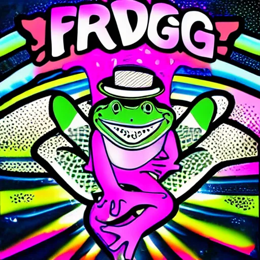 Image similar to frog rave poster, large bullfrog DJ, lots of frogs dancing on drugs, psychedelic, bright lights, loud music, intense club, cartoon, no text