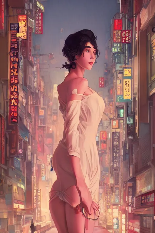 Image similar to A beautiful woman, tokyo at night, highly detailed, digital painting, artstation, concept art, smooth, sharp focus, illustration, art by artgerm and alphonse mucha, high definition digital art, in the style of Ross tran and ilya kuvshinov