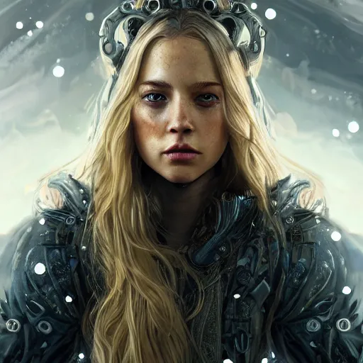 Image similar to epic cinematic shot of beautiful scandinavian princess with symmetrical face stunning eyes and long blonde surrounded by bullets and bulletholes, weta disney pixar, hi - fructose, decadent highly - detailed digital painting, golden ratio, octane render, artstation, cinematic composition, smooth, sharp focus, artgerm, mucha, loish, wlop hdr