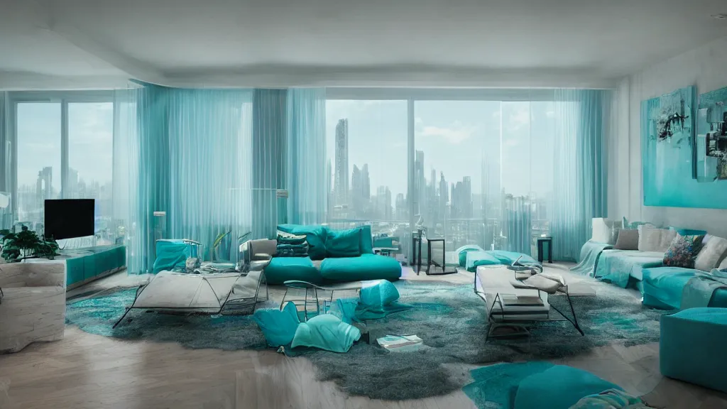 Image similar to living room, breathtaking interior design, teal pastel colors, apartment living room, sci-fi interior lighting, skyline view, midcentury industrial metal design, cyberpunk, 4k, dramatic, cinematic, octane