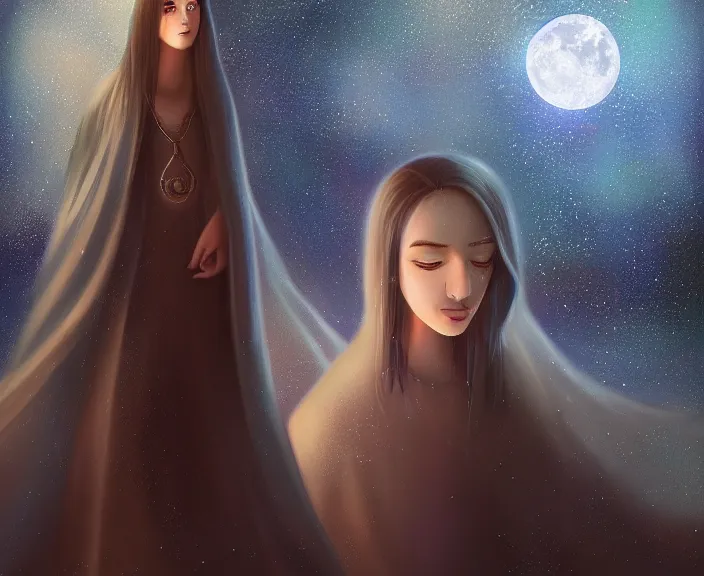 Prompt: an illustration of a mystical spiritual scene with a young woman in it, with starry dusted light and a moon, high contrast, highly detailed, sharp focus, digital painting, illustration, trending on artstation,