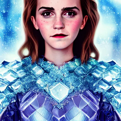 Image similar to Portrait shot, Emma Watson as the Queen of Ice, Ice crystal armor, snow falling, 4k, digital art, trending on art station, hd, doll, colorful backdrop, film grain, gritty, high res, high detail, 8k, render