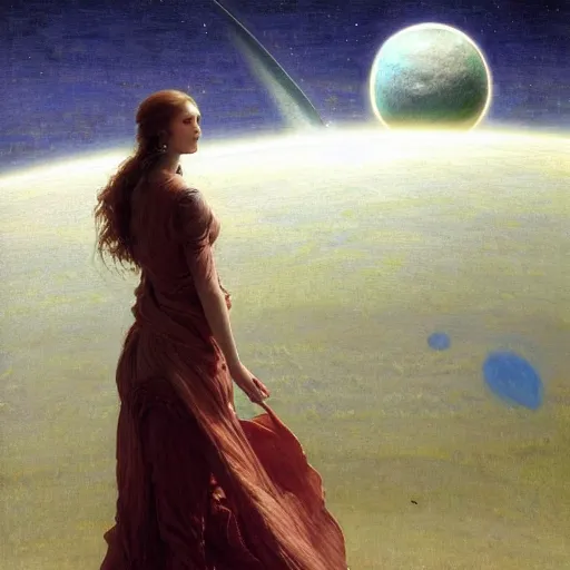 Image similar to epic wide angle view beautiful woman in a muslin dress watching from the Earth as a rogue planet looms on the horizon, by Edgar Maxence and Ross Tran and Michael Whelan