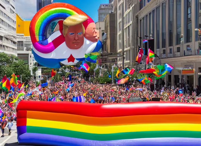 Prompt: pride parade float in the shape of donald trump ; photorealistic, canon 5 d, sharp, sunlight, reflection, inflatable, rainbow