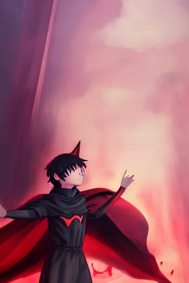 Prompt: little boy with cat ears in an black outfit with red cape. digital artwork made by lois van baarle and kentaro miura and marc simonetti, sharpness focus, inspired by hirohiko araki, anatomically correct, heroic composition, hero pose, smooth, city