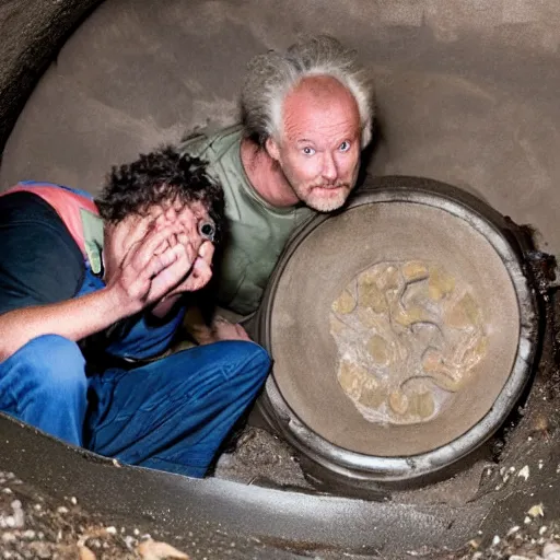 Image similar to found footage of lars and bill, the scientists, emerging from the sewers, guilty