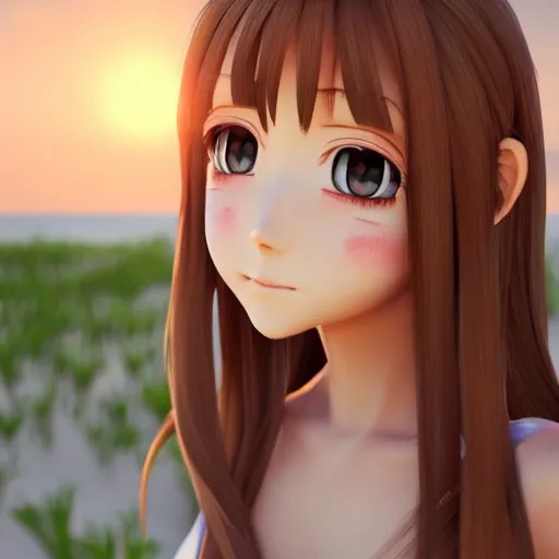 Image similar to Render of a very beautiful 3d anime girl, long hair, hazel eyes, cute freckles, full round face, short smile, cute sundress, golden hour, serene beach setting, medium shot, mid-shot, highly detailed, trending on Artstation, Unreal Engine 4k