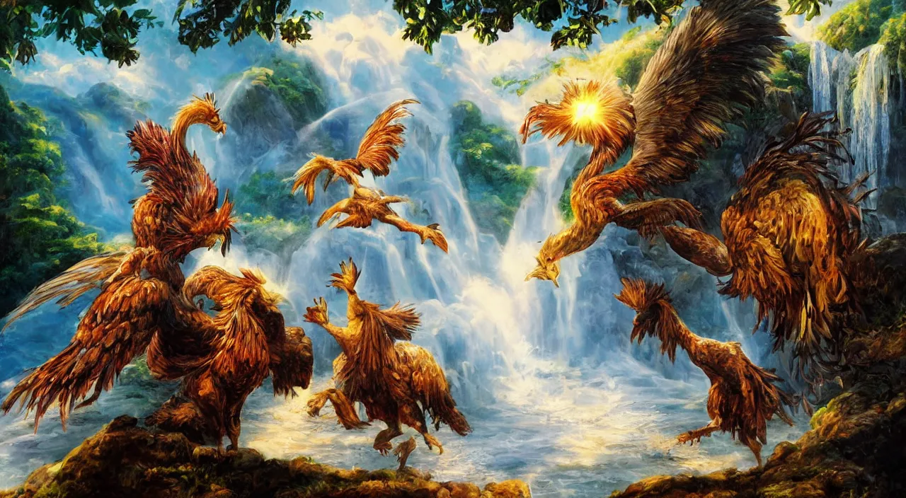Image similar to knight fighting a giant rooster in front of a waterfall, fantasy, sunshine, holy, light rays, in the style of boris vallejo