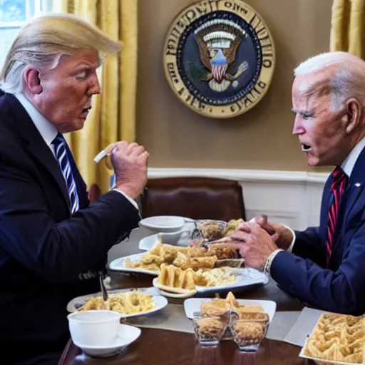 Image similar to trump and Biden sitting and eating breakfast at a Wafflehouse