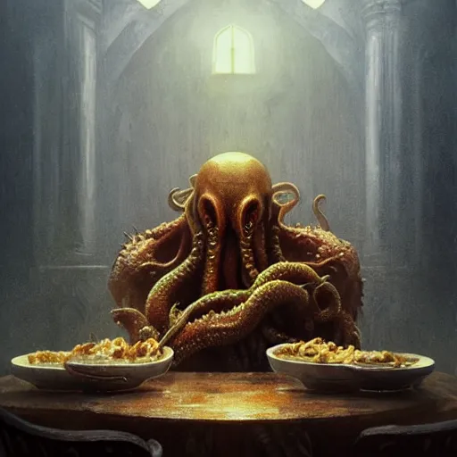 Image similar to Cthulhu eating toast, art by greg rutkowski and Zdzislaw Beksinski, good clear quality, lighting, horror, biology, symmetrical artwork, tentacles, Cthulhu Mythos, 135 mm, cinematic, hyper realism, high detail, octane render, 8k, chrome accents