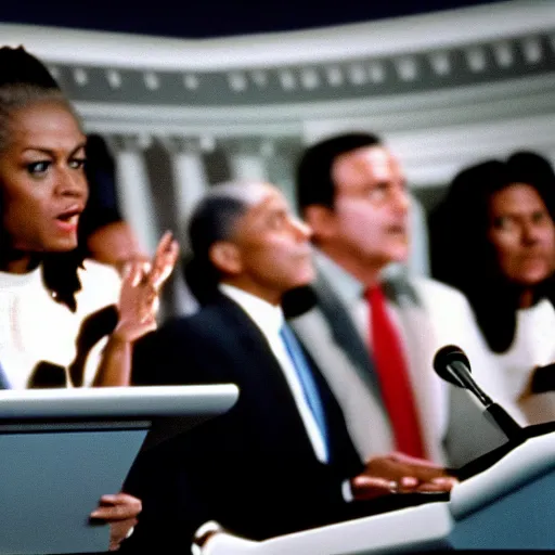 Prompt: aliens!!!!!! at white house press conference, kodak ektochrome film, associated press photo