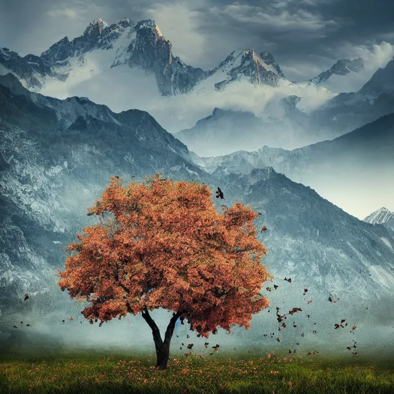 Image similar to a beautiful awesome artistic tree with falling flowers like leaves and many birds, all in the amazing outdoors view, mountain in the background, lake, long exposure, 8 k resolution, trending on artstation