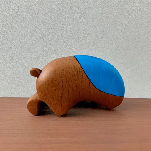 Image similar to a beautiful minimalist curvy shaped small sculpture of hippopotamus hippo baby, wood and blue epoxy, cubic blocks mix stripes cuts, detailed, fine, gorgeous