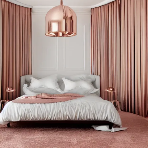 Image similar to 3 d render of white bedroom with rose gold metallic accents