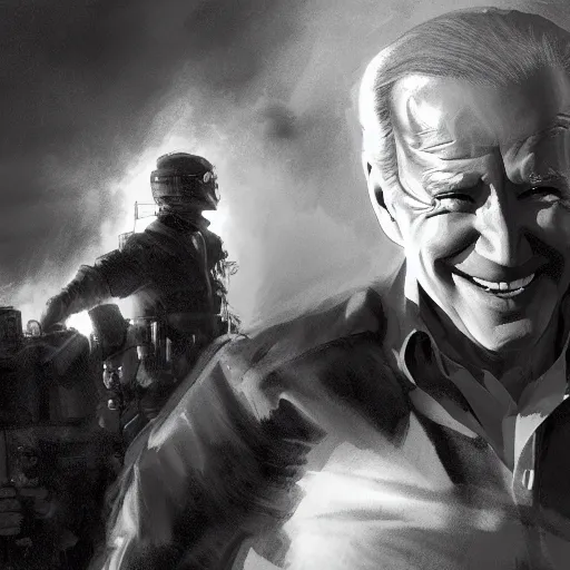 Image similar to joe biden smiling while behind him the world is burning, dramatic lighting, cinematic, establishing shot, extremly high detail, photorealistic, cinematic lighting, artstation, style by James Gurney