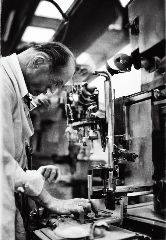 Image similar to a close - up portrait of marcel duchamp working on a machine, 1 9 2 0 s monochrome snapshot, graflex 4 x 5, f 1. 8, 3 5 mm, ilford delta 3 2 0 0 pro