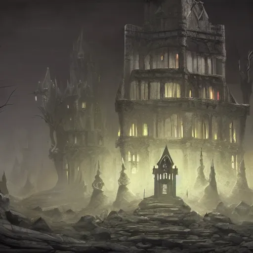 Image similar to A eerie, dark and mysterious, impressive, amazing concept art digital CG painting of a Necromancers castle, trending on ArtStation, Unreal Engine