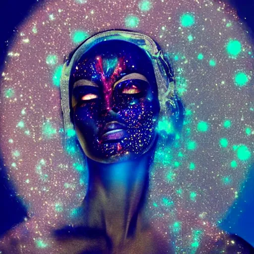 Prompt: portrait of a beautiful futuristic woman layered with high-tech jewelry wrapping around her face and head, golden-silver glow of moonlight with tiny blue, gold, and red gems scattered like dust