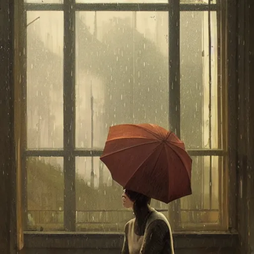 Prompt: A day inside when it is rainy, rainy window, warm colors, sepia, by Greg Rutkowski and studio ghibli