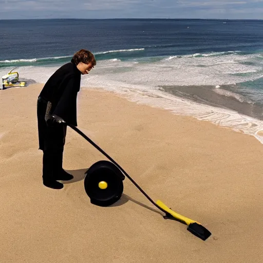 Image similar to Anakin Skywalker!!!, vacuuming on a beach