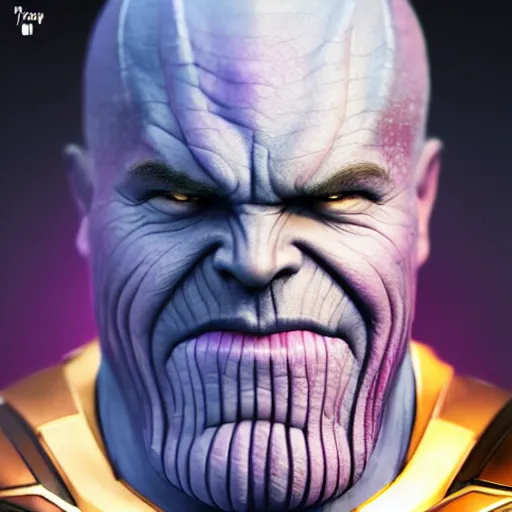 Prompt: portrait of Thanos smiling, realistic photo, digital art, trending on artstation, Instagram photo