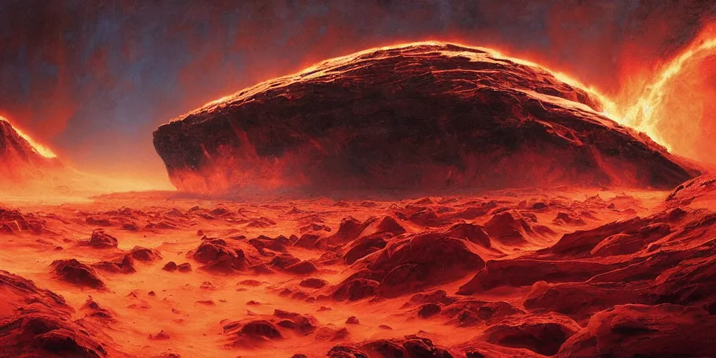 Image similar to supernova, alien surface planet, lava river, red desert mars, painted by ruan jia, raymond swanland, lawrence alma tadema, zdzislaw beksinski, norman rockwell, jack kirby, tom lovell, alex malveda, greg staples