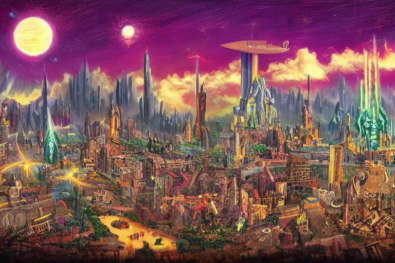 Image similar to miskatonic university big bang cityscape in the style of dr. seuss, illuminati, painting by albert bierstadt