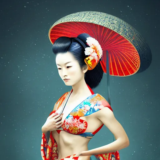 Image similar to Very very very very highly detailed epic central composition studio photography of A Japanese geisha in a colorful bikini, intricate, medieval, extremely detailed, digital painting, artstation, concept art, smooth, sharp focus, illustration, studio lighting, incredible art by Anna Dittmann and Anton Pieck