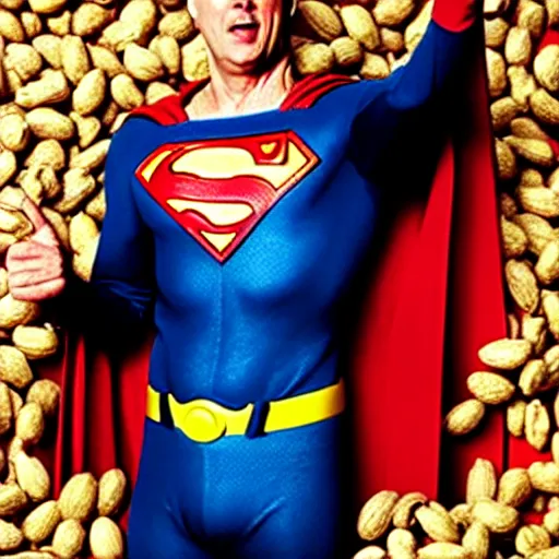 Prompt: uhd candid photo of michael keaton as superman, surrounded by nuts. correct face. photo by annie leibowitz.