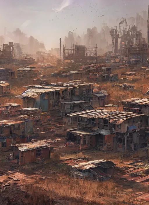 Prompt: A professional digital painting of a far-future city, rust, corrugated metal, shanty town, by Greg Rutkowski and James Gurney, trending on Artstation