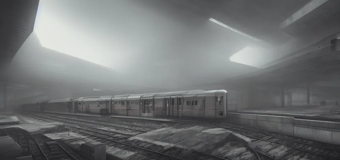 Image similar to dramatic view of brutalist train station, colored fog, haze, unreal engine, dramatic lighting, detailed, ambient occlusion, global illumination, god rays, 3 d artstation render by greg rutowski and jessica rossier